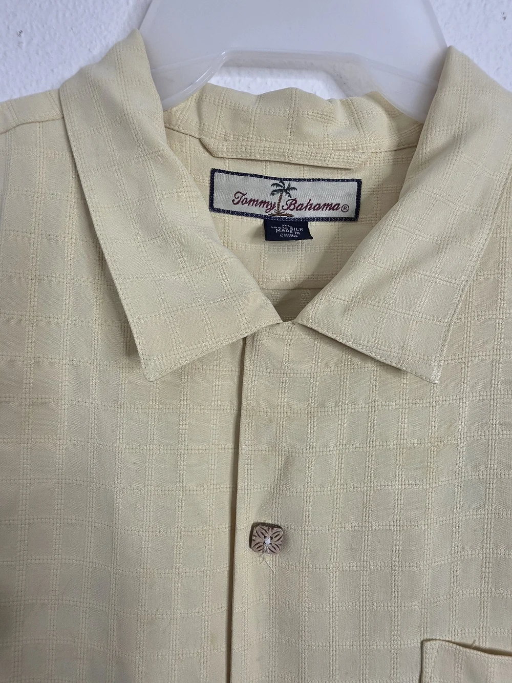 Tommy Bahama Hawaiian Shirt XL Yellow Island Rider Motorcycle Emboridered Stains